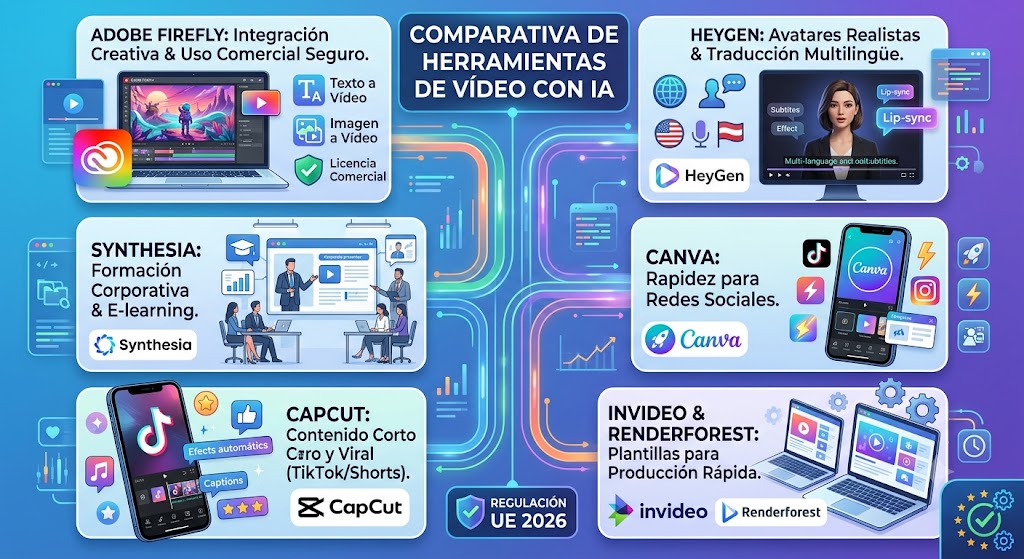 Herramientas de vídeo con IA: Top Comparativa 2026 para Creadores